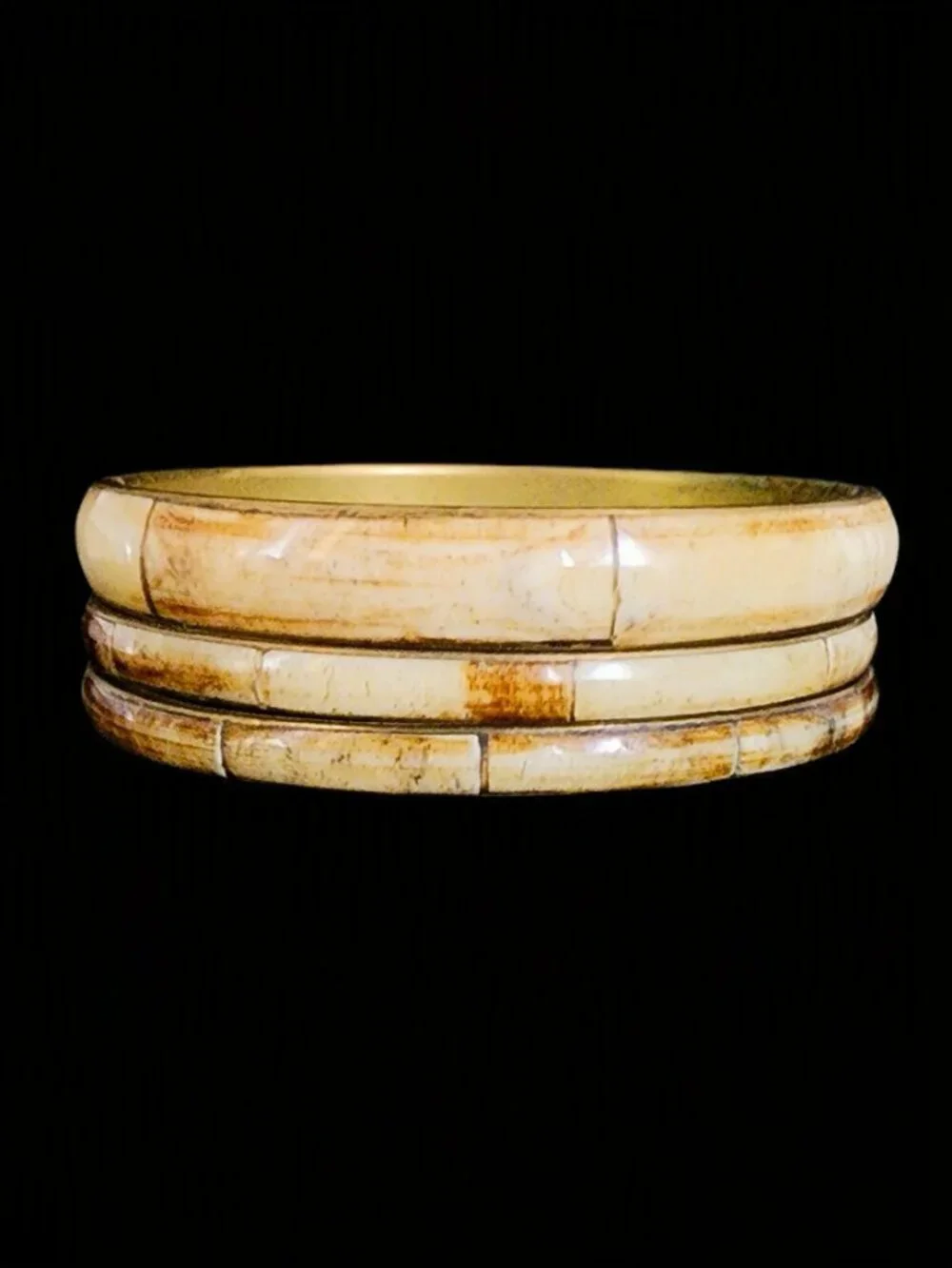 Vintage 1970s Bison Horn & Brass Bangle Bracelet Set of 3 Boho Stack